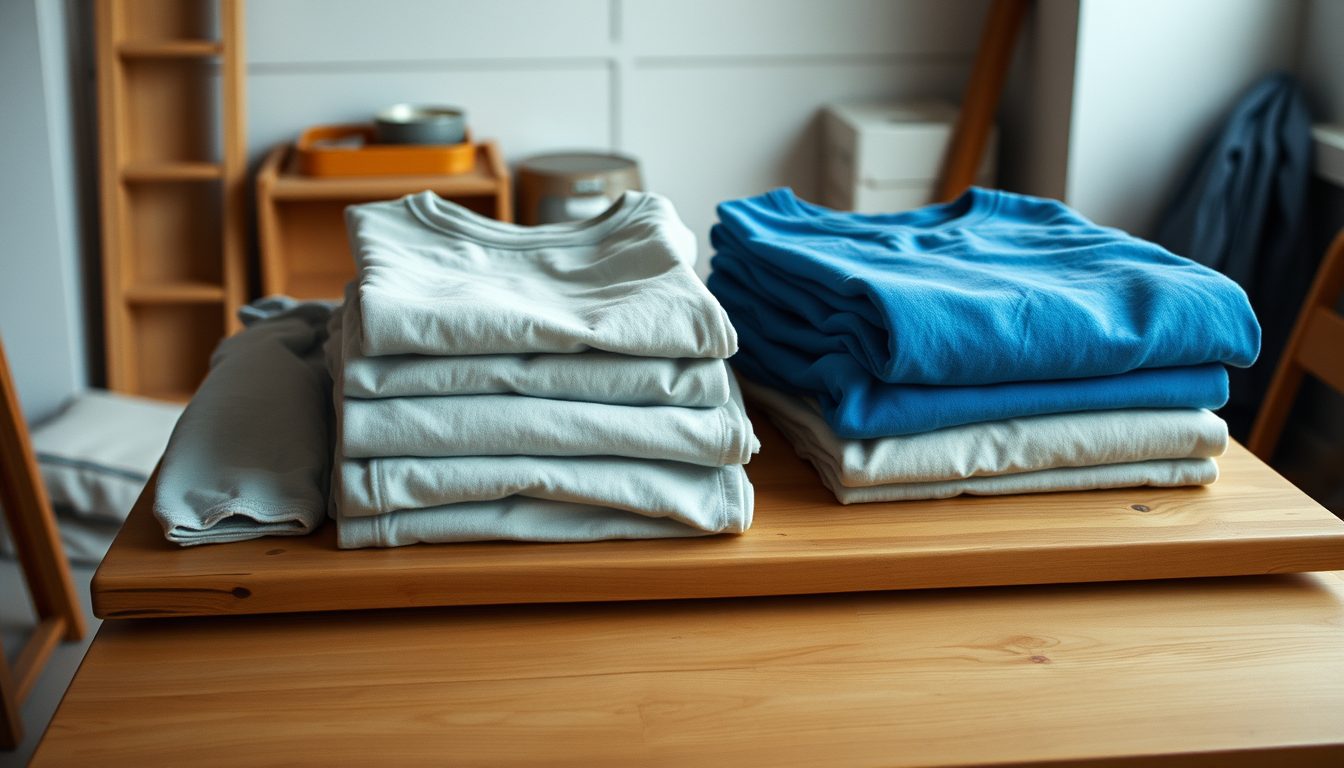 Folded graphic t-shirts on a wooden table, Kin and Verse in 